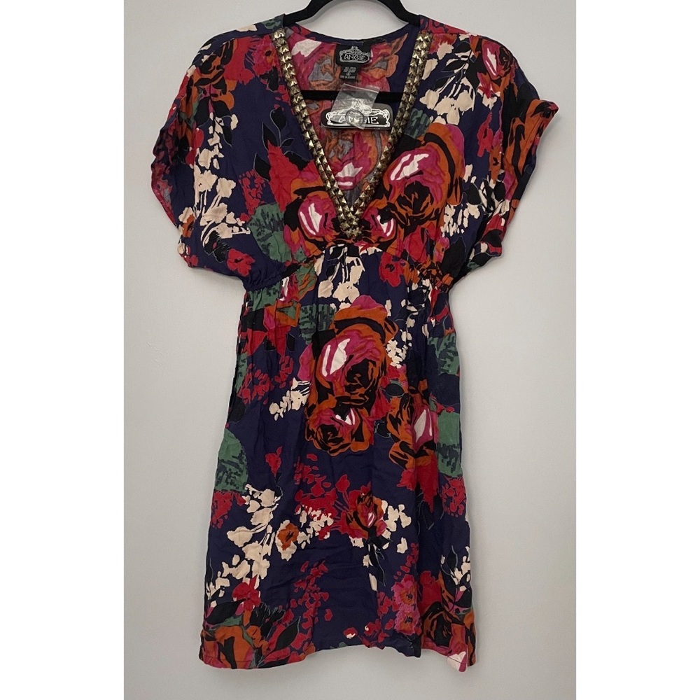 ANGIE Navy Floral Short-Sleeved Studded V-Neck Mini Dress Sz. S - NWT